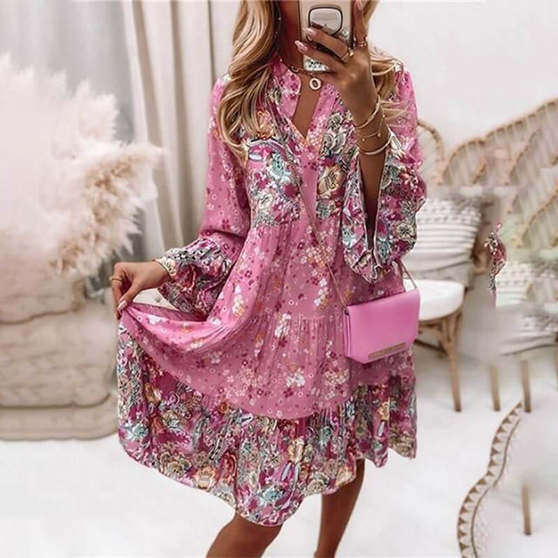 Vestido Estampado Floral de Manga Longa